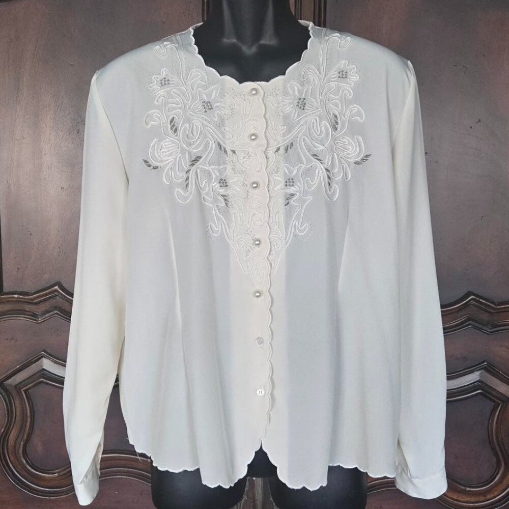 Claudia Richard Blouse Women's 20W Blush Ivory Button Up Long Sleeve Floral Top
